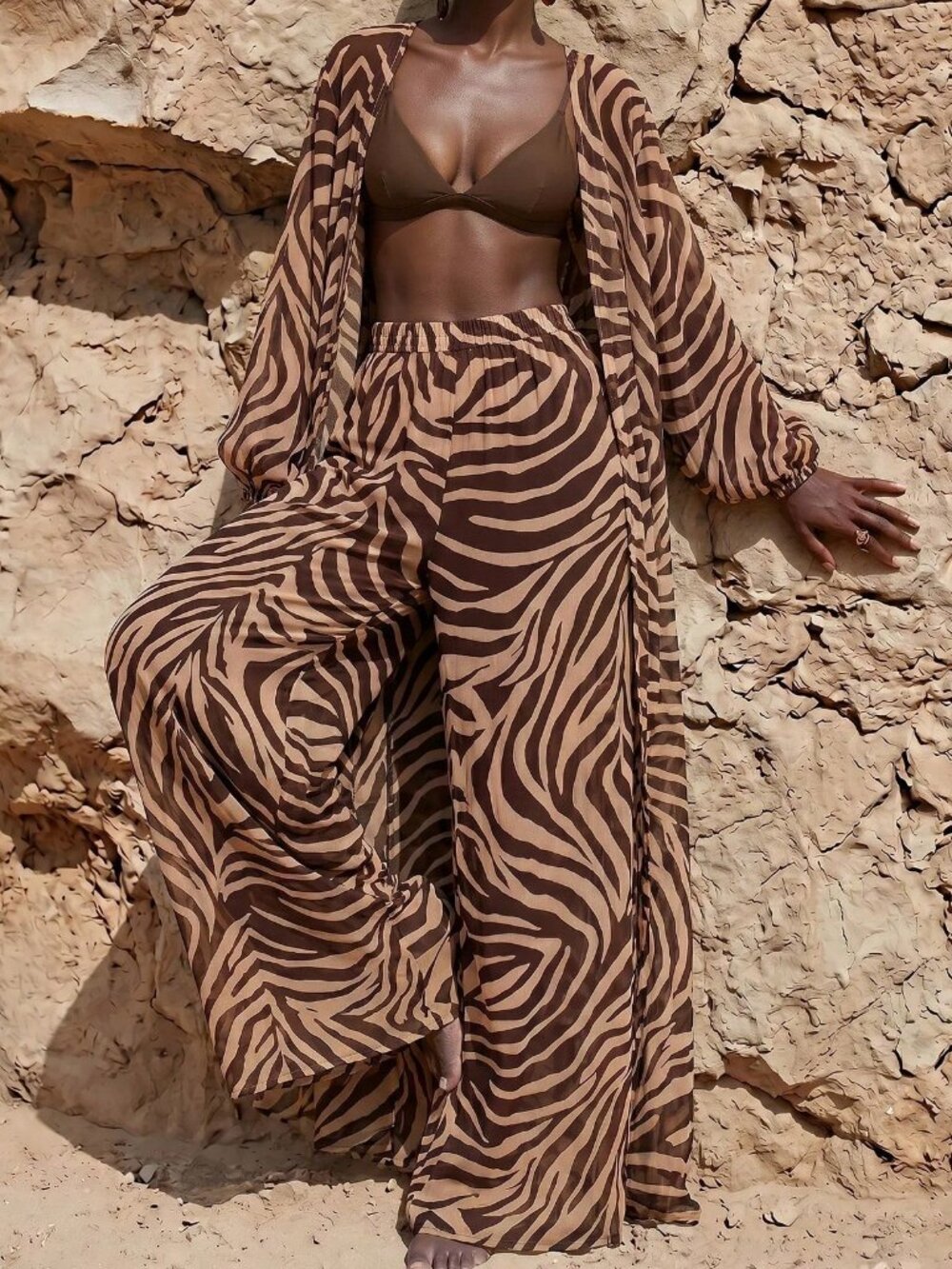 Brown Zebra Print Lantern Sleeve Women's Kimono Cover Up & Wide Leg Pants Set - Picture 6 of 6